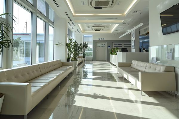 A clean and contemporary podiatry clinic interior bathed in natural daylight, equipped with specialized foot care stations. A clean and contemporary podiatry clinic interior bathed in natural daylight, equipped with specialized foot care stations